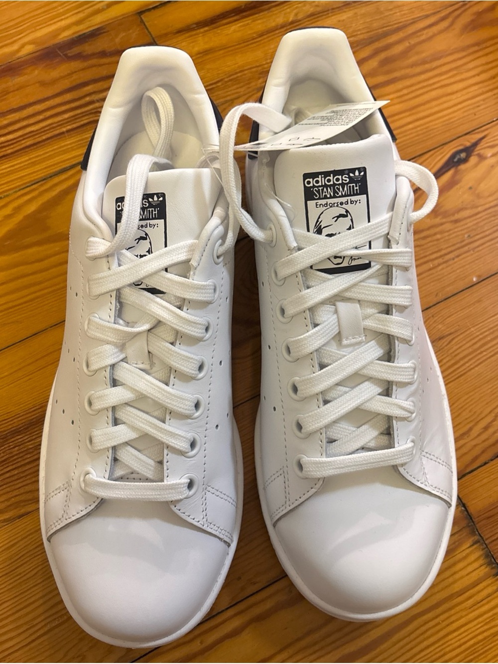 adidas Stan Smith White Sneakers with Black Heel Patch - Picture 2 of 5